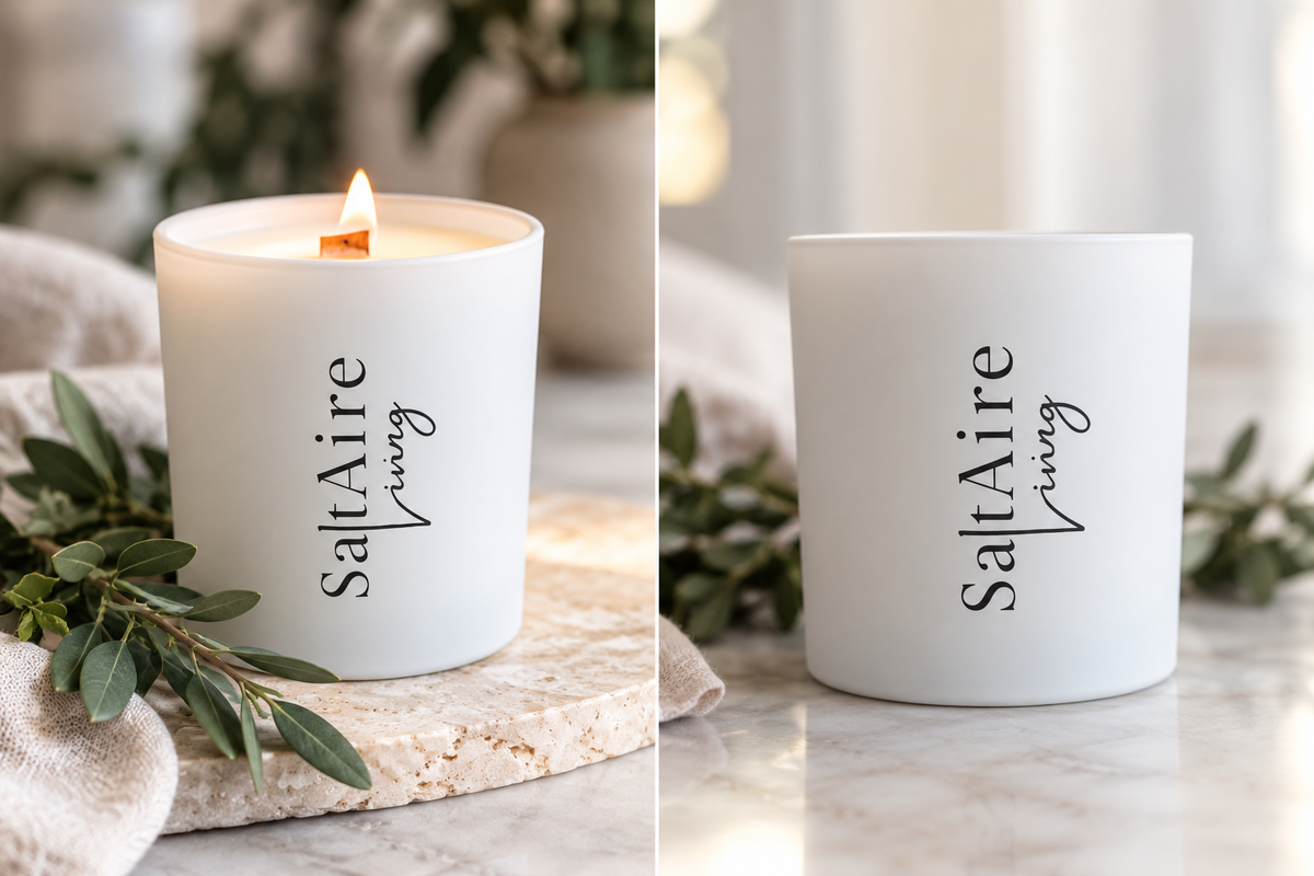 SaltAire Living matte white signature candle shown lit and unlit